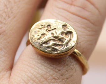 Anillo de sello de ángel y madre, hecho a mano en plata de ley 925. Anillo vintage para el meñique, acabado en oro macizo, joya navideña.