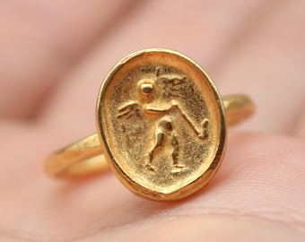 Ancient Greek Eros Signet Ring in 925 Solid Sterling Silver – Gold Plated Handmade Jewelry, Vintage Mythology Gift, Symbolic Statement Ring