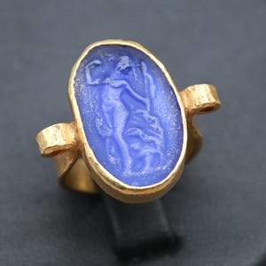 Handmade Aphrodite Intaglio Ring in Cobalt Blue Glass, Gold Plated Sterling Silver Vintage Style Jewelry, Unique Gift for Her or Yourself