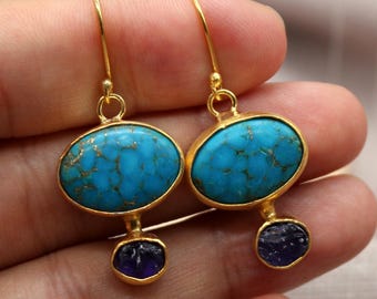 Turquoise & Raw Sapphire Earrings 18K Gold Vermeil | Handmade Dangle 925 Silver Jewelry