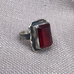 Red Ruby Ring 925 Sterling Silver Handcrafted Rectangular Statement Ring