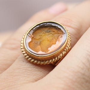 Zeus Intaglio Signet Ring, Handmade 925 Sterling Silver Glass Cameo, Ancient Greek God Jewelry, Gold Vermeil Vintage Style Men&#39;s Gift