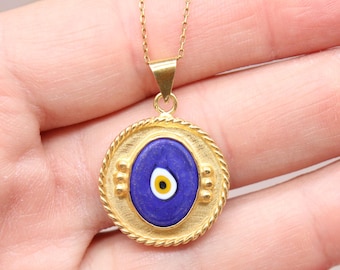 Gold Plated Evil Eye Necklace with Ceramic Pendant – Handmade 925 Sterling Silver, Christmas Gift