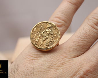 Ancient Greek Zeus Coin Ring in Solid 925 Sterling Silver – Bold Handmade Statement Jewelry for Him or Her, Unique Gift with Mythic Power