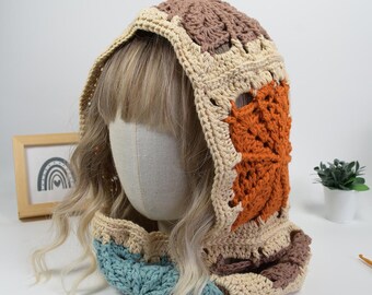Celeste Hooded Cowl Crochet Pattern, Earth & Teal Granny Square Hood Scarf (PDF)