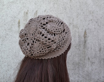 Pineapple Lace Slouchy Hat Crochet Pattern – Boho Chic Taupe Beret PDF