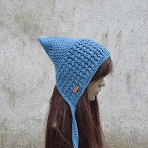 Könnte beinhalten: Eine blaue gehäkelte Mütze mit einer langen, spitzen Klappe im Rücken. Die Mütze wird von einer Person mit langen braunen Haaren getragen.