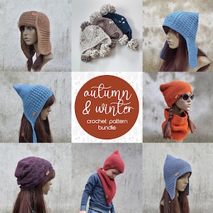 May include: A selection of handmade crochet hats and scarves in shades of blue, orange, and brown. The image showcases diverse hat styles, some with ear flaps and pom-poms. The text "Autumn & Winter crochet pattern bundle" is also visible.