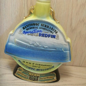 Decanter Liquor Bottle Bourbon Whiskey Empty Manitowoc Submarine Memorial Association Operation Redfin 28 WWII Submarines Jim Bean 1970