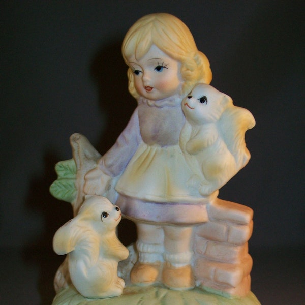 Music Box Bisque Porcelain Figurine Little Girl With Squirrels Song Tie A Yellow Ribbon Around the Old Oak Tree Pastel Tones 1980