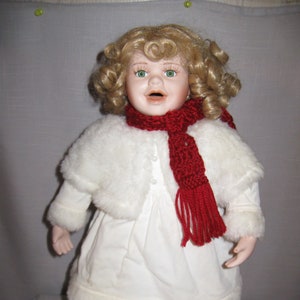 Doll Porcelain Ice Skating Doll Victorian Outdoor Clothing White Dress with White Faux Fur and Cape #247199 Vintage Winter Christmas 1990
