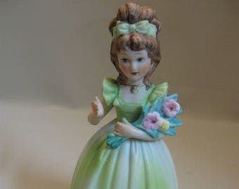Figurine Girl Holding Flowers Long Dress Fabric Material Ruffles 1940