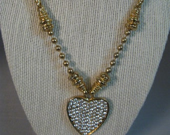 Necklace  Gold Tone Round and Cone Beads Heart Pendant Rhinestones Hook Clip Clasp Hard Core Elegance L Wilkinson