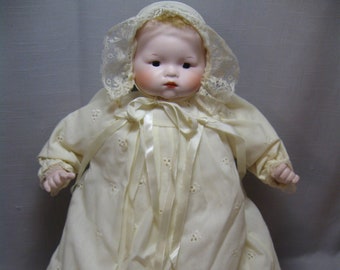 Doll New Born Christening Soft Ivory Tone Gown Bonnet Panties Eyelet Details and Lace all Match Blondish Hair Brown Eyes No Marking 1990
