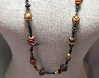 Necklace Overhead Multi Size and Shape Beads Multi Color Browns Tan Dark Blue Gray Gold Tone Black 34 inches Autumn Tones