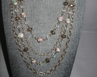 Necklace Gold Tone Chain Main Beads are encased and faceted with Pink Green & Gold Flake Pattern Clear Gold Beads Claire's Jewelry