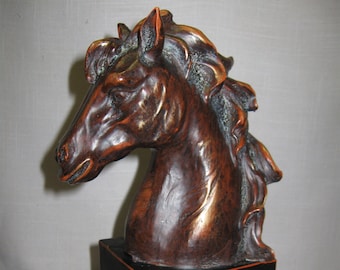 Book End Statue Sculpture Horse Head Bust on Black Square Pedestal Copper Brass Tones Horse #14086 Homeview Design Inc