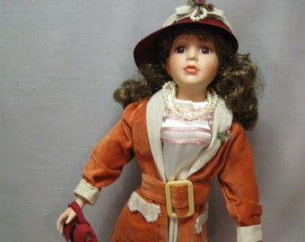Irma Gheduzzi Porcelain Doll Faux Pearls Hat With Flowers Soft Orange Jacket High Heel Shoes Purse Tags Original Box Jennifer Caroline
