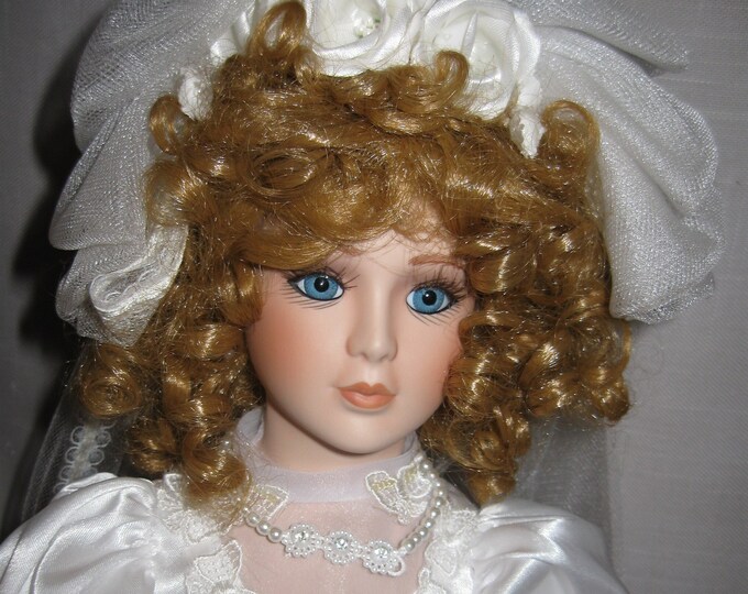 Doll Porcelain Bride 21 Tall Blond Hair Blue Eyes Faux Pearls Satin
