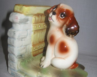 Book End Figurine Ceramic BookEnd Brown and White Cocker Spaniel Puppy Sitting By The Fence Hand Painted Japan 1980's