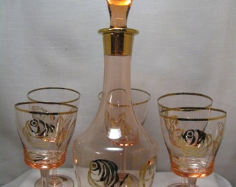 Decanter Set 4 Plus One Goblets Transparent Rose Tone Gold Tone Rose and Leaves Rim and Base 1950