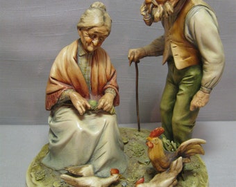 Figurine Statue Golden Years Elderly Couple Lady Knitting Man with Cane Pipe Chickens Rooster Antonio Borsato #24 Italy 1919-1982