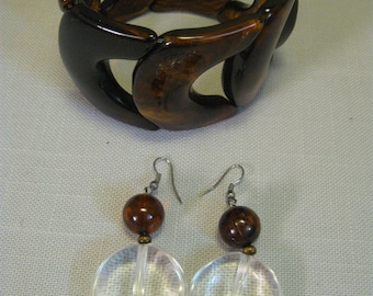 Bracelet Stretch Tortoise Tone C Design Pierced Earrings Round Tortoise Ton With Lucite Clear Dangles