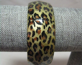 Bracelet Bangle Cuff Animal Print Silver Gold Tone Interior and Back Ground With Black and Brown Print Acrylic Plastic Fits 8" Wrist 1990