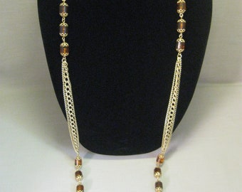 Necklace Gold Tone 3 Strands Chains Golden Brown  Barrel Beads Gold Tone  Filigree Caps Texture Chain Golden Lantern Sarah Coventry 1972