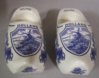 Holland Clogs Blue Delft Over White Hand Painted Windmill Boats Bridge Flower and Leaves On Sides and Front 1980