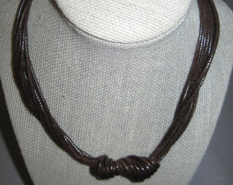 Necklace Choker Brown Faux Leather 2 Knotted Cord Pendants 7 Strands Gold Tone Lobster Clasp