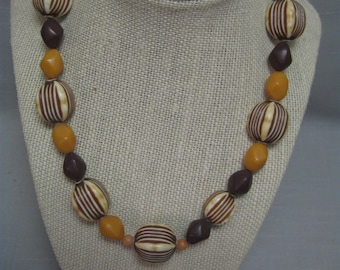 Necklace Faux Carved Ox Bone Beige With Brown Lines Matte Gold And Brown Tone Diamond Shape Beads Round Gold Tone Spacers 1980