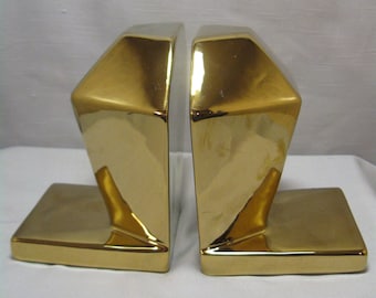 Book Ends Shiny Gold Tone Pair 6 1/4" Tall and 5 1/2" Wide Each