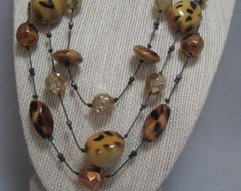 Necklace 3 Strands Animal Prints Beads Tortoise Copper Tone Silver Tone Rondelle Dark Gun Metal Chains Lobster Clasp