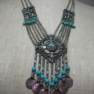 Necklace 3 Strands Southwester Style Silver Tone Chains Diamond Style Pendant Tassels Round Flat Disk Faux Lobster Clasp Turquoise Beads