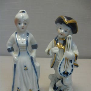 Figurine Couple Colonial Victorian Man Holding Mandolin Blue On White Gold Trim Lady Standing With Hands On Hips