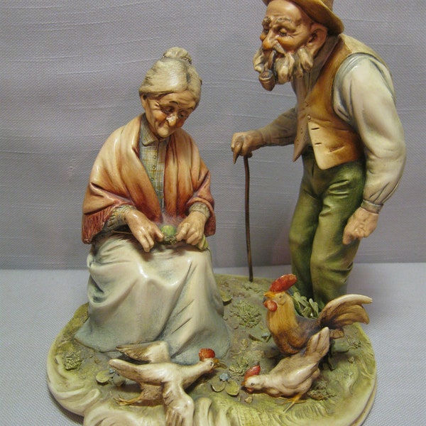 Figurine Statue Golden Years Elderly Couple Lady Knitting Man with Cane Pipe Chickens Rooster Antonio Borsato #24 Italy 1919-1982