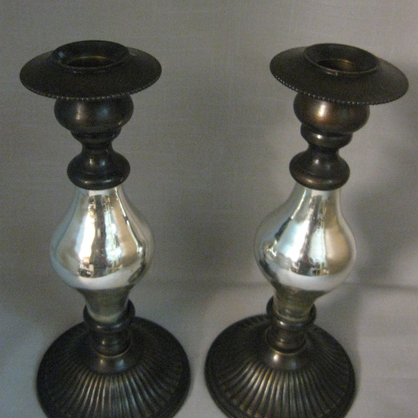 Candle Stick Holders Qty 2  Metal Nozzle Saw Tooth Design & Line and Beads Design Base Mirror Design Center Brass Tone Black Felt Base