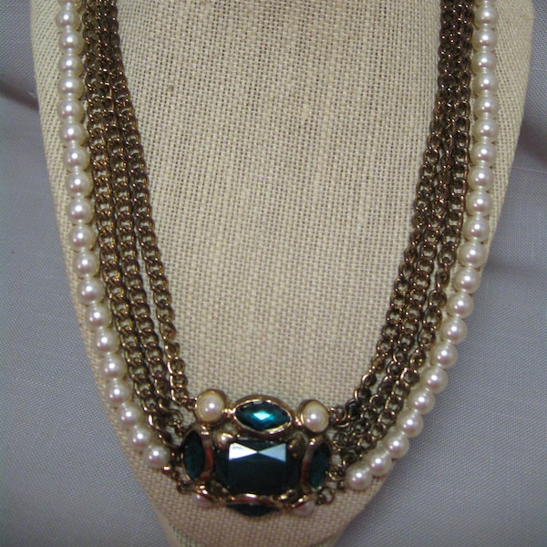 Necklace 4 Strands Gold Tone Faux White Pearls Pendant Cabochon Rhinestones Green Emerald Center Flat Green Bead Round Faux Pearls
