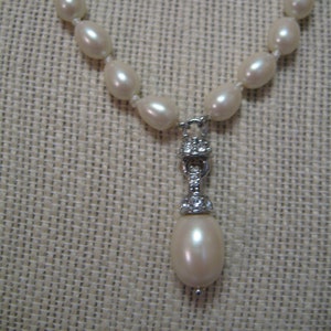 Necklace Pendant 1 Strand  Faux Pearls Hand Knotted Crystal Clear Rhinestones On Silver Tone Setting Toggle Clasp Monet 1990