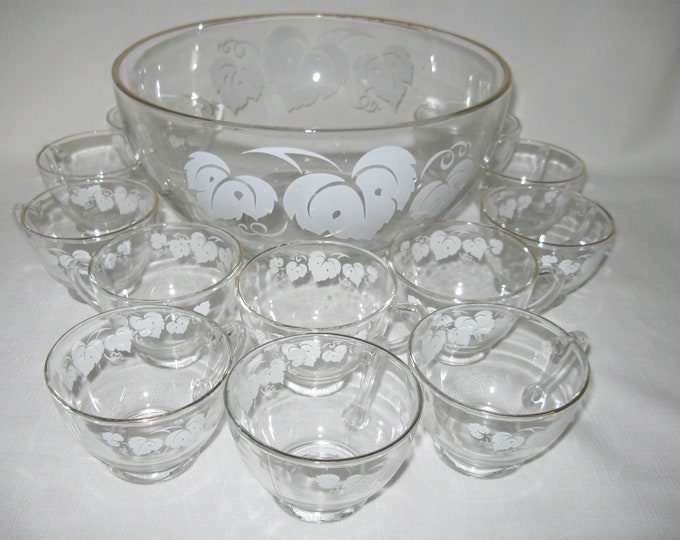 Anchor Hocking Glass Punch Bowl Set 12 Cups Gold Trim White Etsy