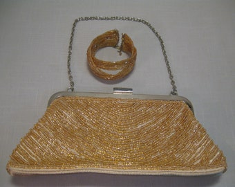 Evening Bag Clutch Purse Gold Tone Beaded Silver Tone Chain Clasp Bracelet Cuff Braided Flexible Gold Tone Seed Beads Bijoux Terner 1960