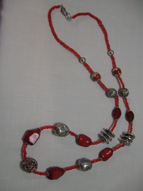 Necklace Red Beads Multi Size Silver Tone Bead Mu… - image 1