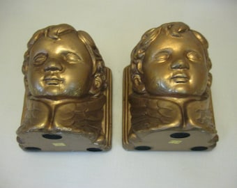 Book Ends Angel Cherubs Wings Curly Hair Putti Child Gold Plaster Chalk Ware 1980