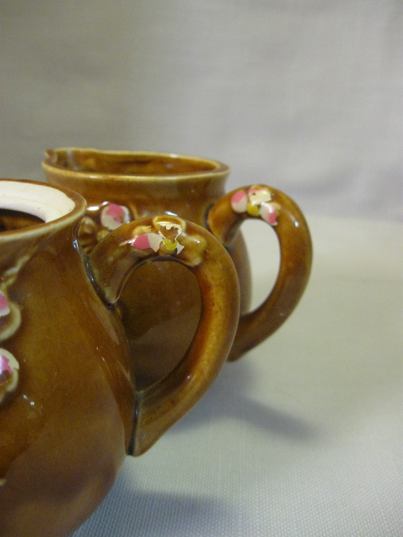 Pottery Creamer Sugar Bowl With Lid Two Tone Browns Emboss Etsy
