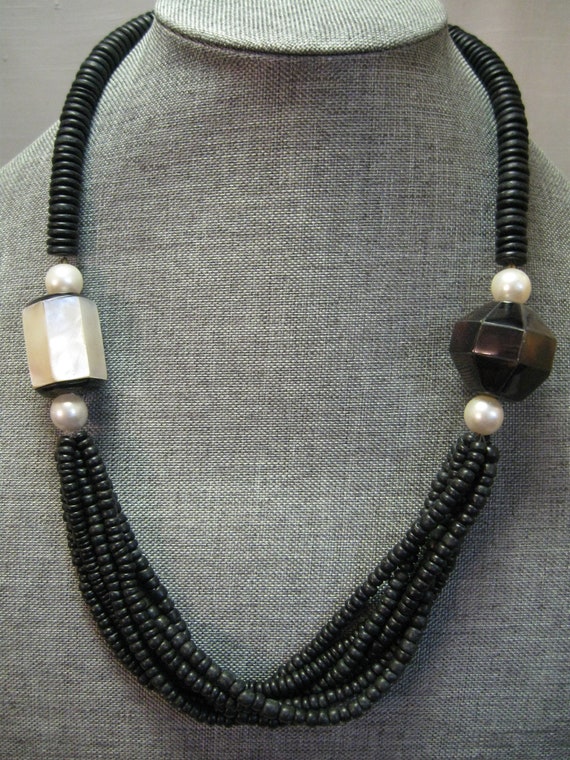 Necklace Matt Black Seed 6 Strands 4 Faux Pearls … - image 7