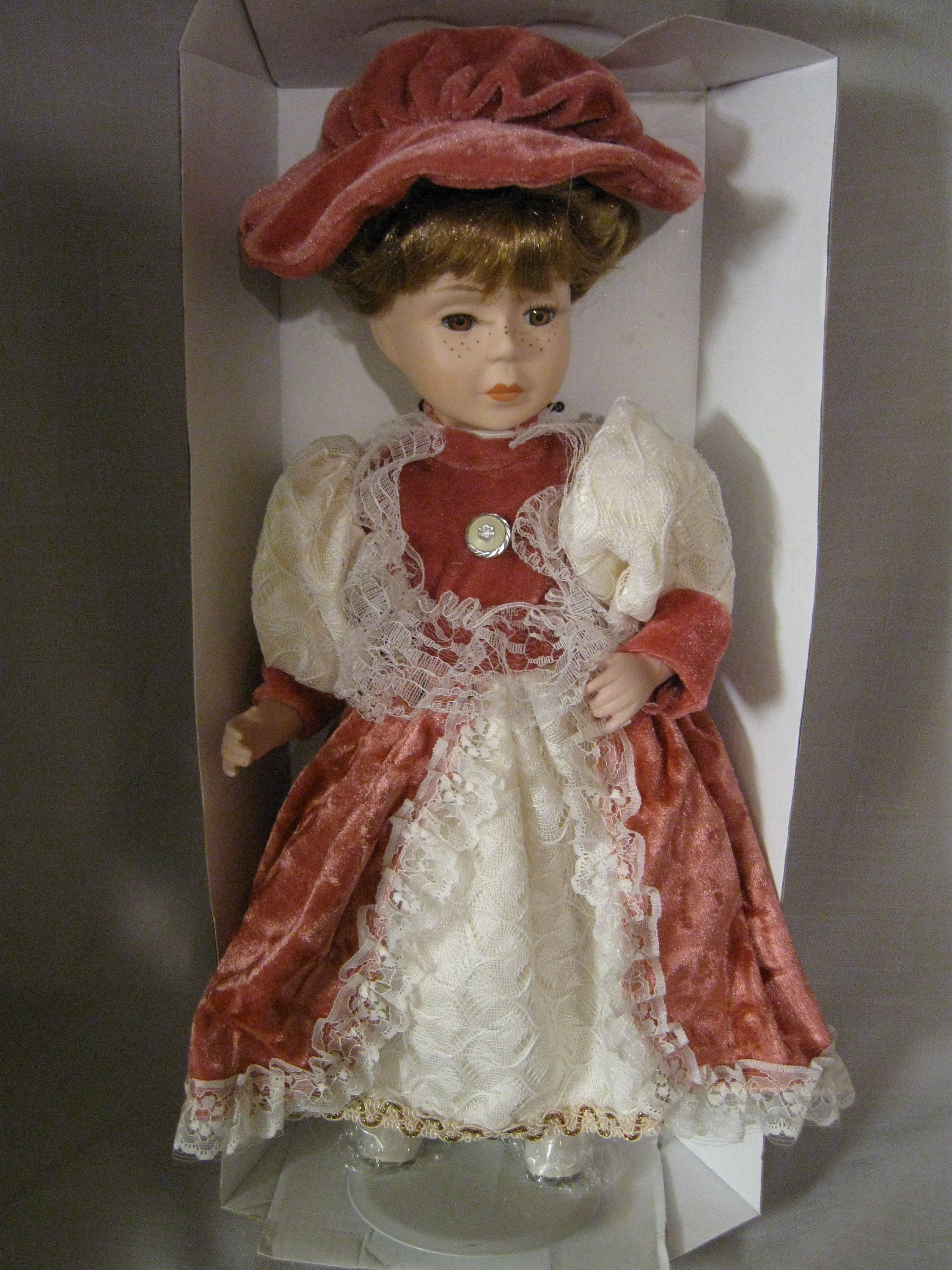 Genuine Bisque Porcelain Doll Freckle Face Honey Brown Hair