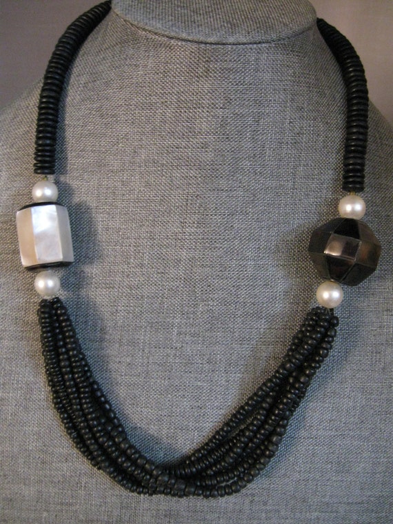 Necklace Matt Black Seed 6 Strands 4 Faux Pearls … - image 1