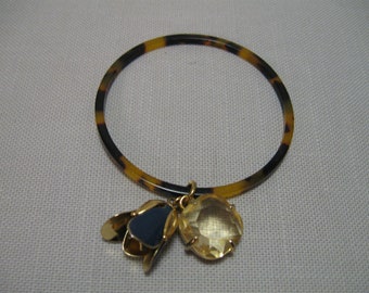 Bracelet Bangle Skinny Animal Print Tortoise Shell Tone Plastic Acrylic Charms Light Gold tone Rhinestone Dark Gray Green Gold Tone Flower