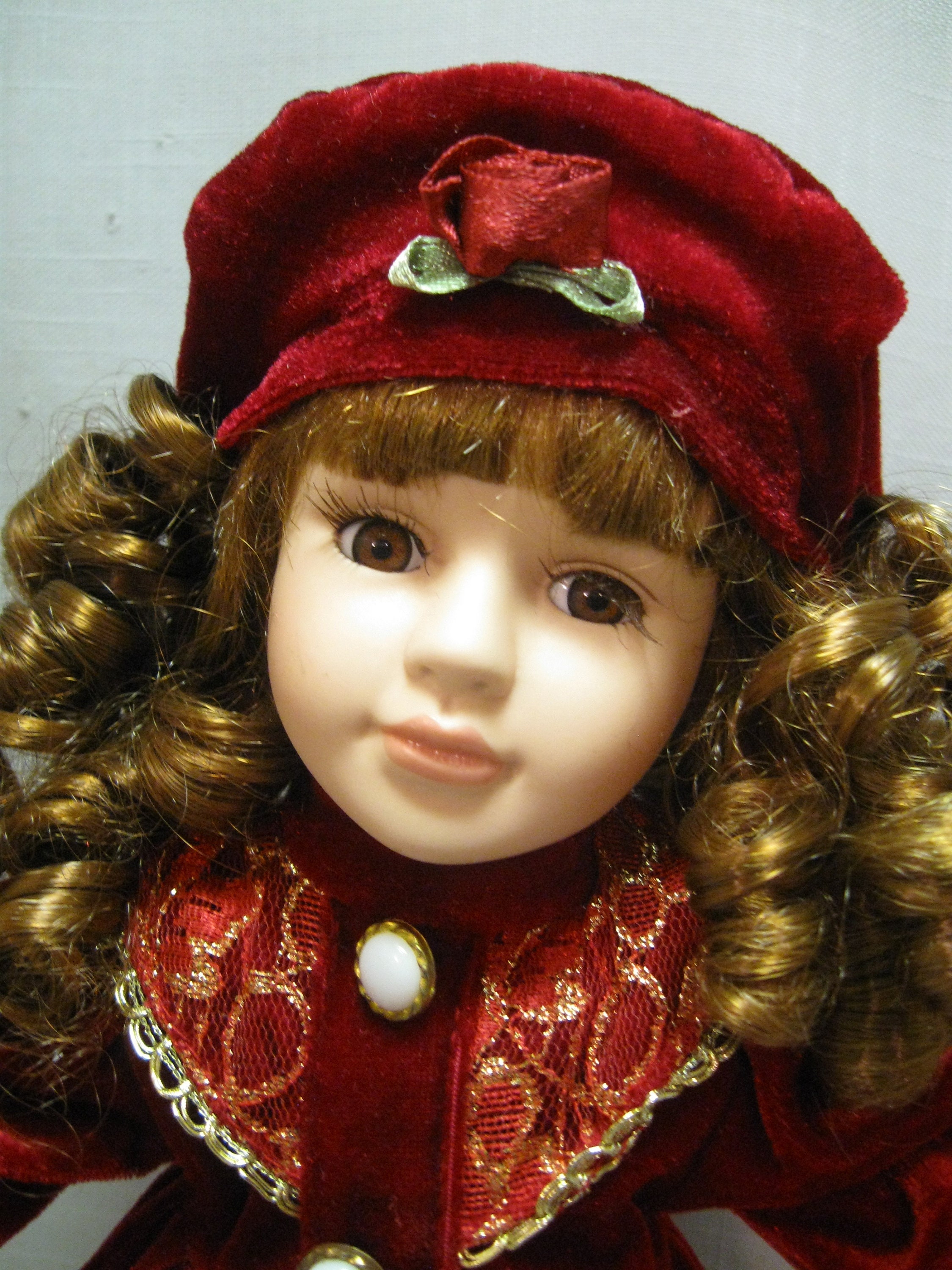 Collectors Choice Porcelain Doll Burgundy Velvet Dress Hat
